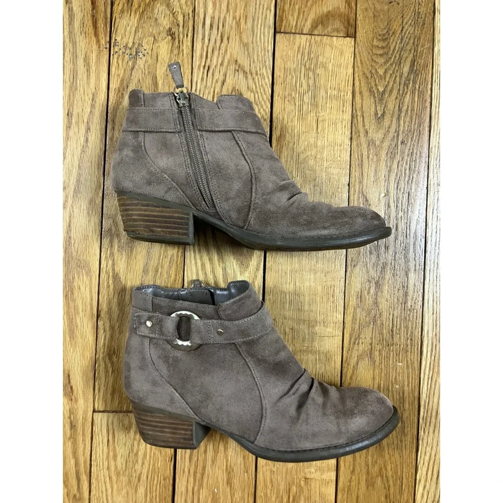 Brown Suede Ankle Boots Buckle Zip Side Block‎ Heel Casual Fashion